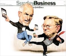 Δύο φίλοι που έγιναν εχθροί. Ο Steven Jobs, συνιδρυτής της Αpple,  και ο Εric Schmidt, διευθύνων  σύμβουλος της Google, όπως τους είδε ο  σκιτσογράφος των «Νew Υork Τimes»  