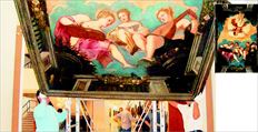 Ετοιµη για «ανύψωση». Η σπάνια οροφογραφία του Τιντορέτο «Αλληγορία της µουσικής» απεικονίζει τρεις γυναίκες (µία αοιδό, µία που xoρδίζει το λαούτο της και άλλη  µία που φαίνεται να ακούει προσεκτικά) και τη φτερωτή µορφή της Διάνοιας. Γιατί µουσική; «Διότι η Βενετία  λατρεύει τη µουσική» εξηγεί  στα «ΝΕΑ» η διευθύντρια της  Εθνικής Πινακοθήκης Μαρίνα  Λαµπράκη - Πλάκα  
