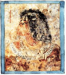 Ο Θούθμις (εδώ σε λεπτομέρεια από τοιχογραφία) είναι το κεντρικό πρόσωπο στον τάφο της  Σάκαρα. Παρουσιάζεται να κρατά την παλέτα με τα χρώματα, με τη συνοδεία της συζύγου  του και των παιδιών τους  