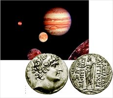 Το αστέρι στο χέρι του ∆ία  και η ηµισέληνος στο αργυρό τετράδραχµο «µαρτυρούν» κατά τον καθηγητή  Ρόµπερτ Γουάιρ την έκλειψη του ∆ία από τη Σελήνη  (στην εικόνα επάνω, ο ∆ίας  και οι δορυφόροι του) που  συνέβη στις 17 Ιανουαρίου  του 121 π.Χ. και ήταν ορατή από την Αντιόχεια, πρωτεύουσα του κράτους των Σελευκιδών. Η αξία του στην αγορά  εκτιµάται περί τα 300 δολάρια  